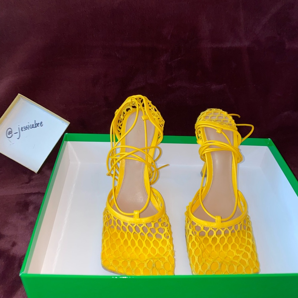 Yellow BOTTEGA VENETA Stretch Square-Toe Wrap Tie Mesh Pumps US 8 / EU 38